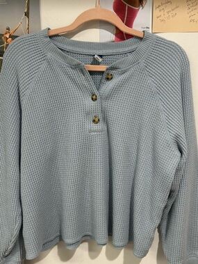 Waffle-Knit Henley Top - Light Blue